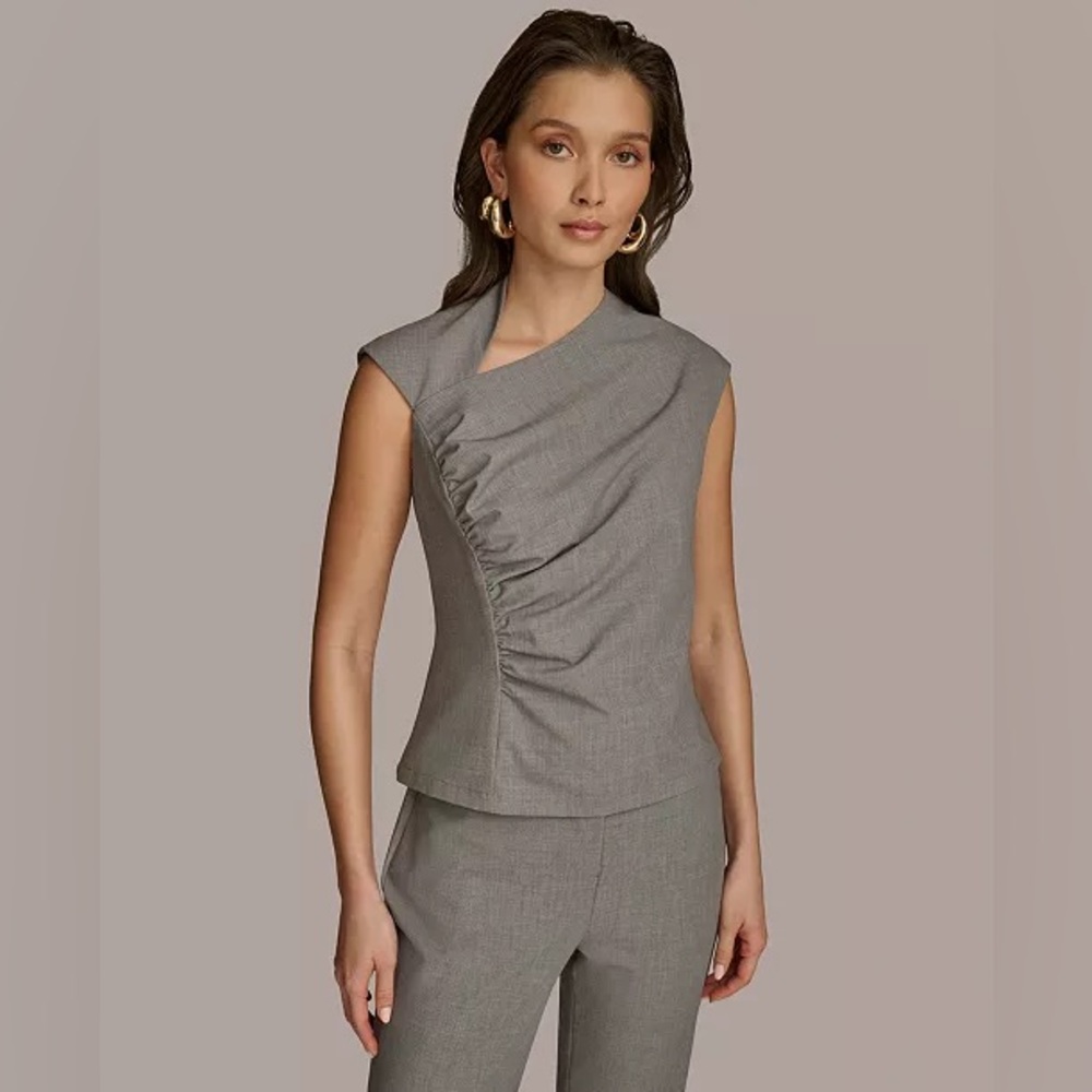 Donna Karan Gray Asymmetrical Ruched Cap Sleeve Blouse